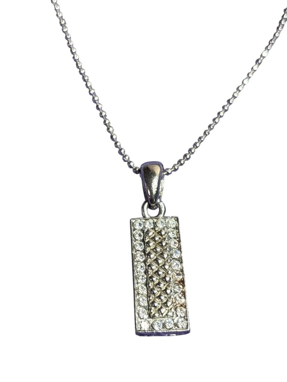 Silvertone Rectangle Pendant Necklace Clear Rhinestones Ball Chain 15 inches